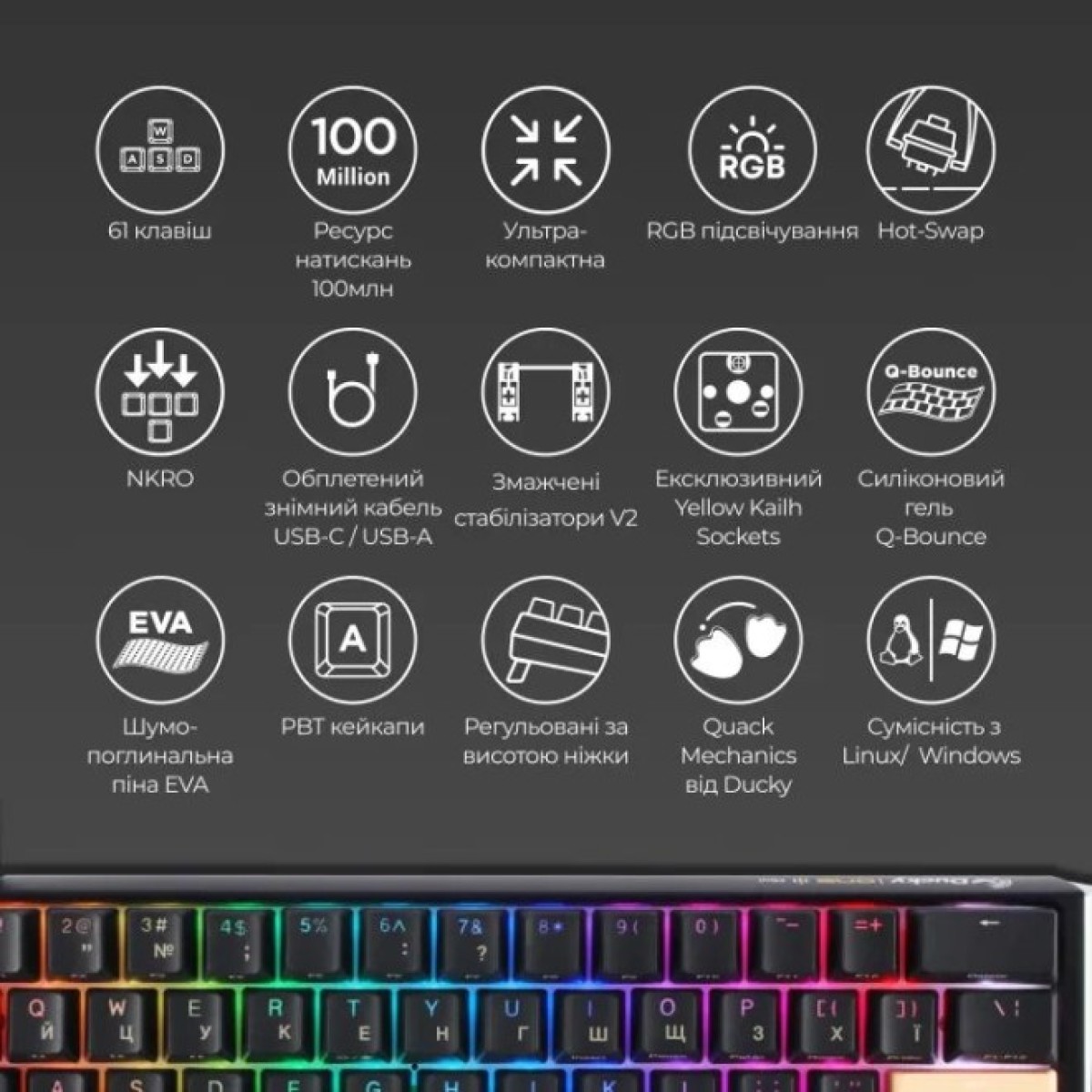 Клавиатура Ducky One 3 Mini Cherry MX Red RGB UA USB Black (DKON2161ST-RUAPXCLAWSC1) 98_98.jpg - фото 3