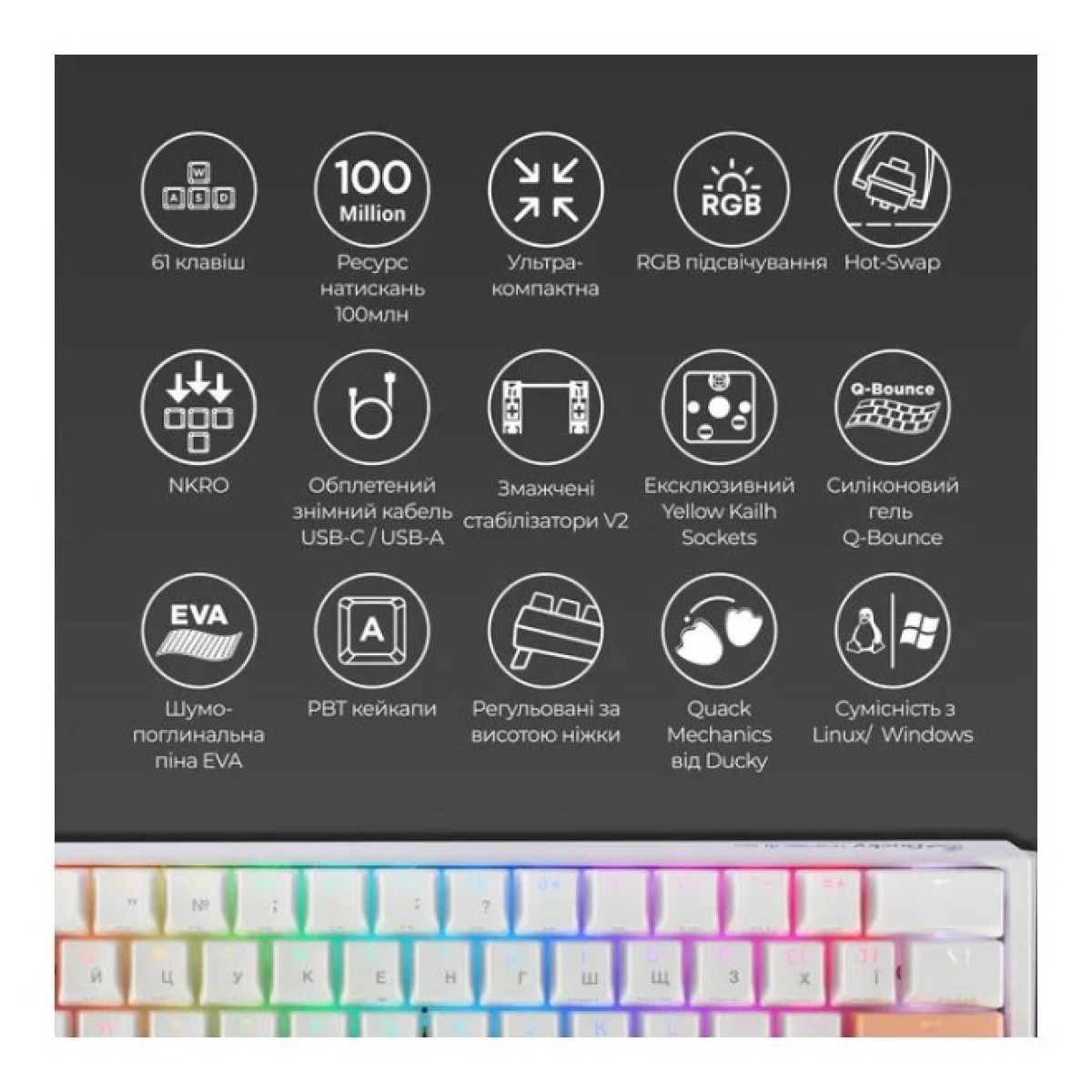 Клавиатура Ducky One 3 Mini Cherry MX Brown RGB UA USB White (DKON2161ST-BUAPXPWWWSC1) 98_98.jpg - фото 3
