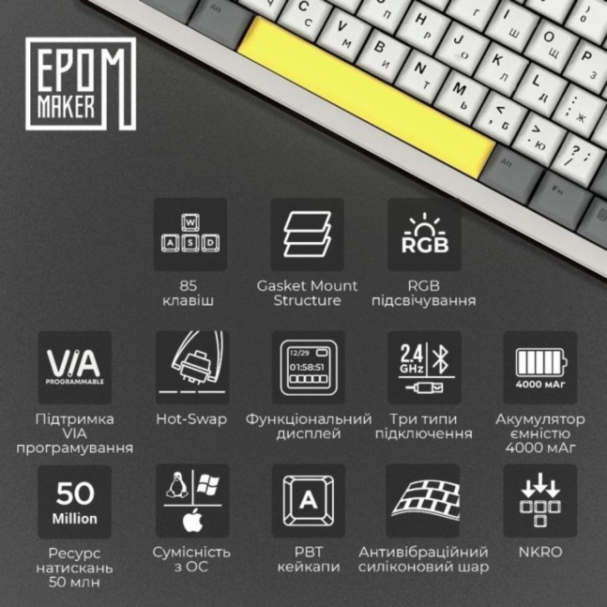 Клавиатура Epomaker Shadow-S TKL Mulan Switch Hot-Swap LCD Screen RGB Wireless/Bluetooth/USB UA White (SHS-W-M) 98_98.jpg - фото 12