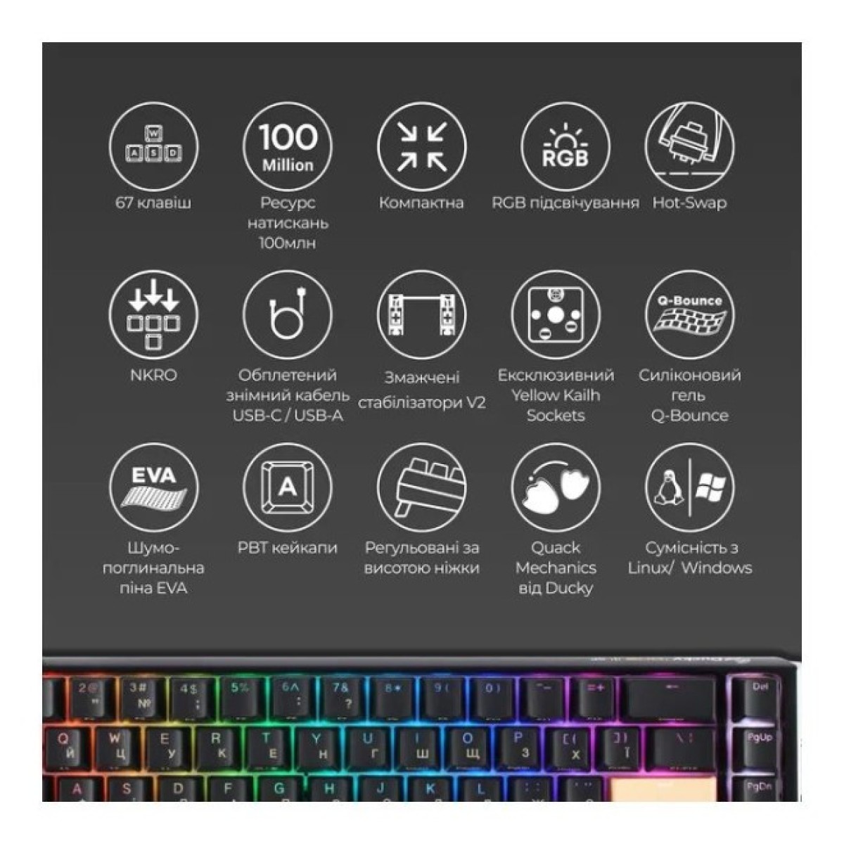 Клавіатура Ducky One 3 SF Cherry MX Brown RGB UA USB Black (DKON2167ST-BUAPXCLAWSC1) 98_98.jpg - фото 4