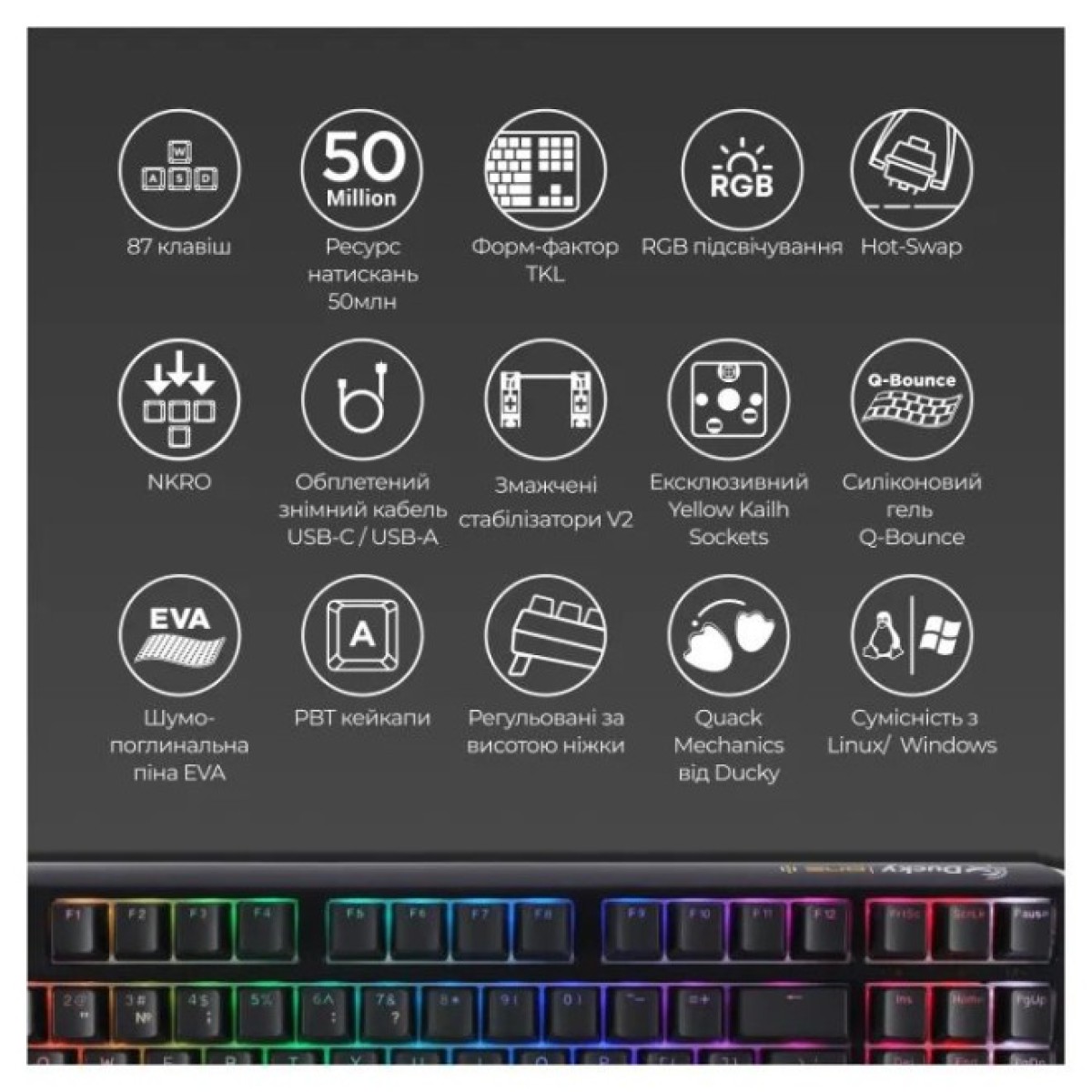 Клавиатура Ducky One 3 TKL Cherry MX Brown RGB UA USB Black (DKON2187ST-BUAPXCLAWSC1) 98_98.jpg - фото 2