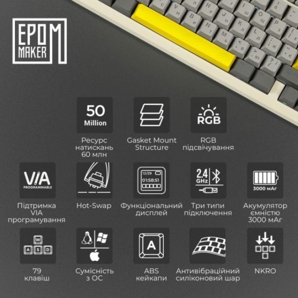 Клавіатура Epomaker TH80 Pro V2 75 Wisteria Tactile Switch Hot-Swap LCD Screen RGB Wireless/Bluetooth/USB UA White (TH80-PROV2-W-WT) 98_98.jpg - фото 2