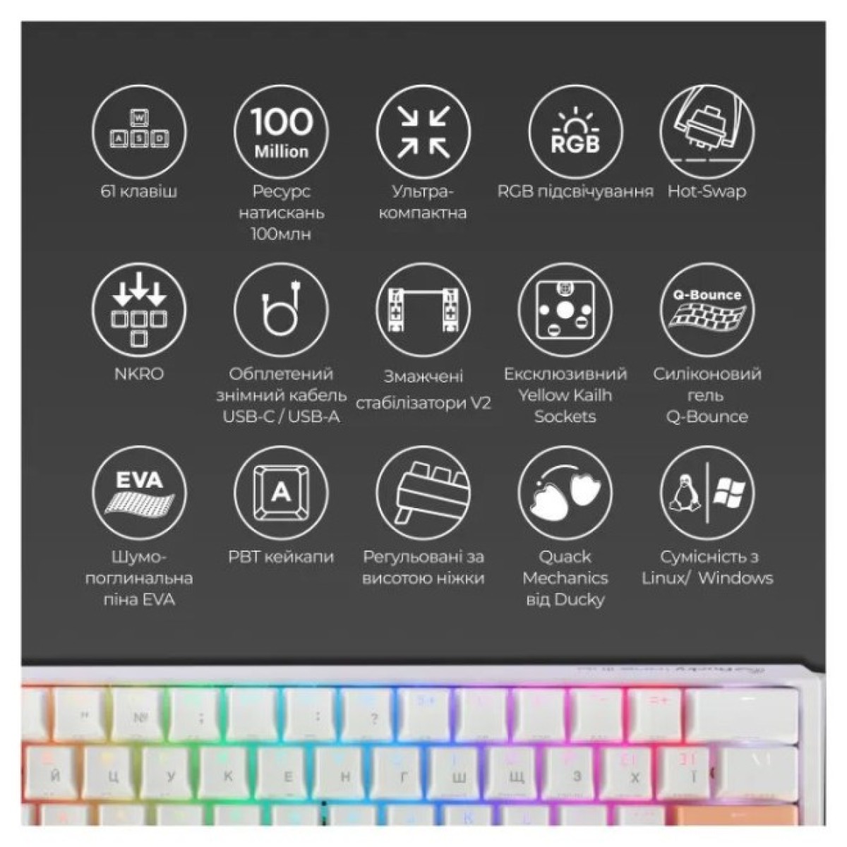 Клавиатура Ducky One 3 Mini Cherry MX Silent Red RGB UA USB White (DKON2161ST-SUAPXPWWWSC1) 98_98.jpg - фото 6