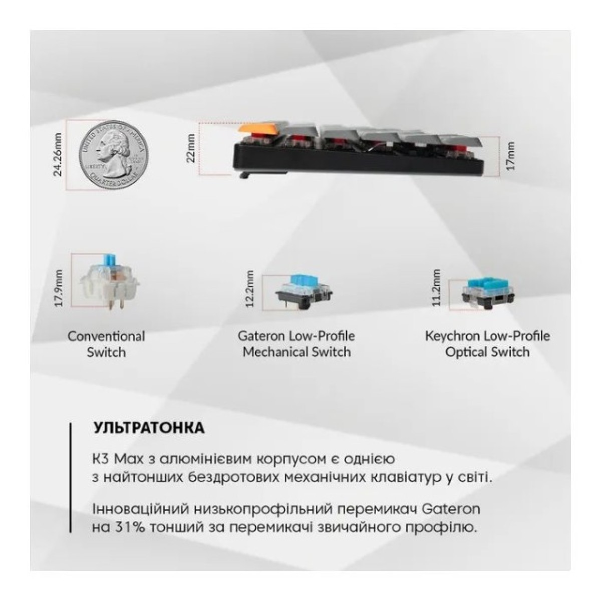 Клавиатура Keychron K3 Max Gateron MX 2.0 Blue QMK White Led Wireless/Bluetooth/USB UA Black (K3MA2_KEYCHRON) 98_98.jpg - фото 3