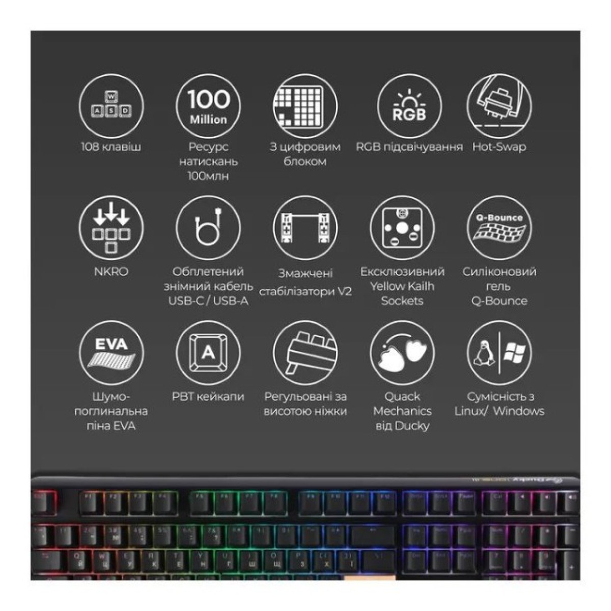 Клавиатура Ducky One 3 TKL Cherry MX Silent Red RGB UA USB Black (DKON2187ST-SUAPXCLAWSC1) 98_98.jpg - фото 3