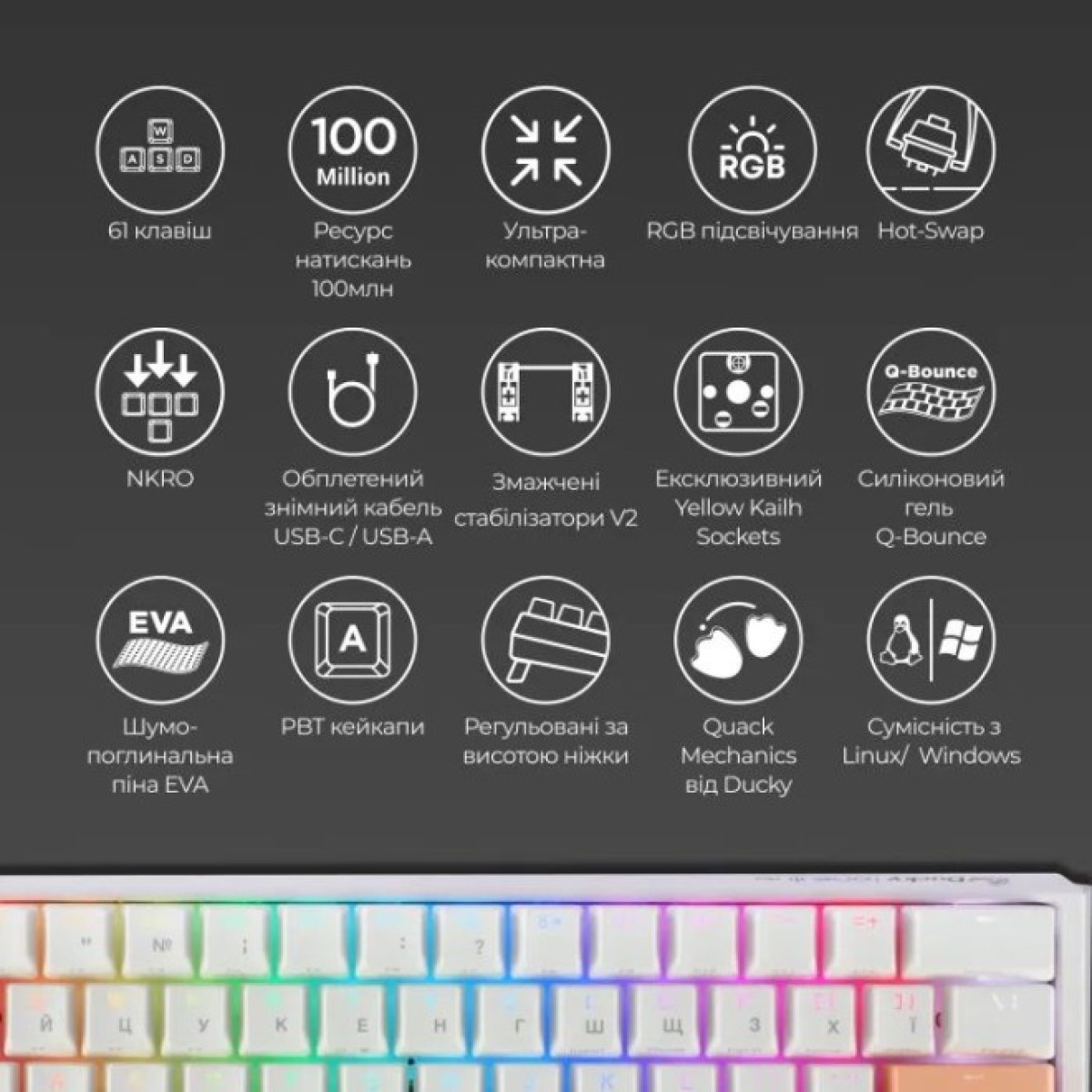 Клавиатура Ducky One 3 Mini Cherry MX Red RGB UA USB White (DKON2161ST-RUAPXPWWWSC1) 98_98.jpg - фото 6