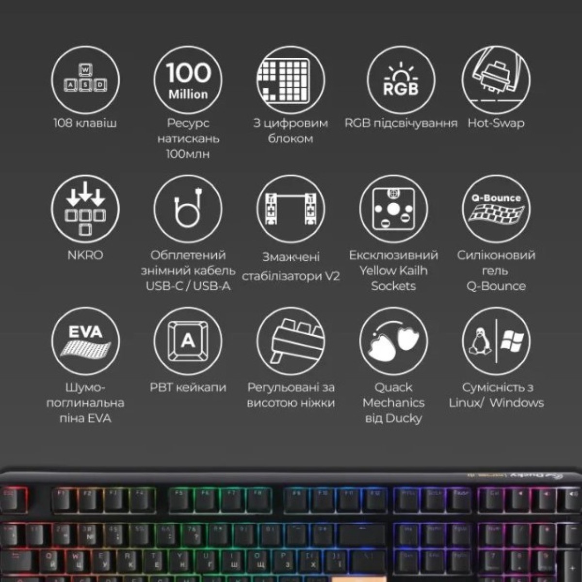 Клавиатура Ducky One 3 TKL Cherry MX Red RGB UA USB Black (DKON2187ST-RUAPXCLAWSC1) 98_98.jpg - фото 8