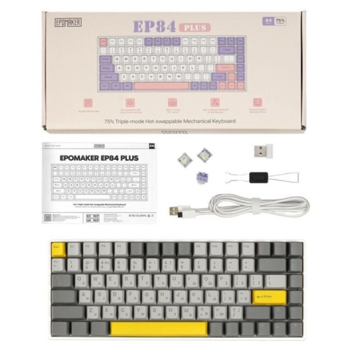 Клавиатура Epomaker EP84 Plus 75 Wisteria Linear Switch Hot-Swap RGB Wireless/Bluetooth/USB UA White (EP84-W-WL) 98_98.jpg - фото 8