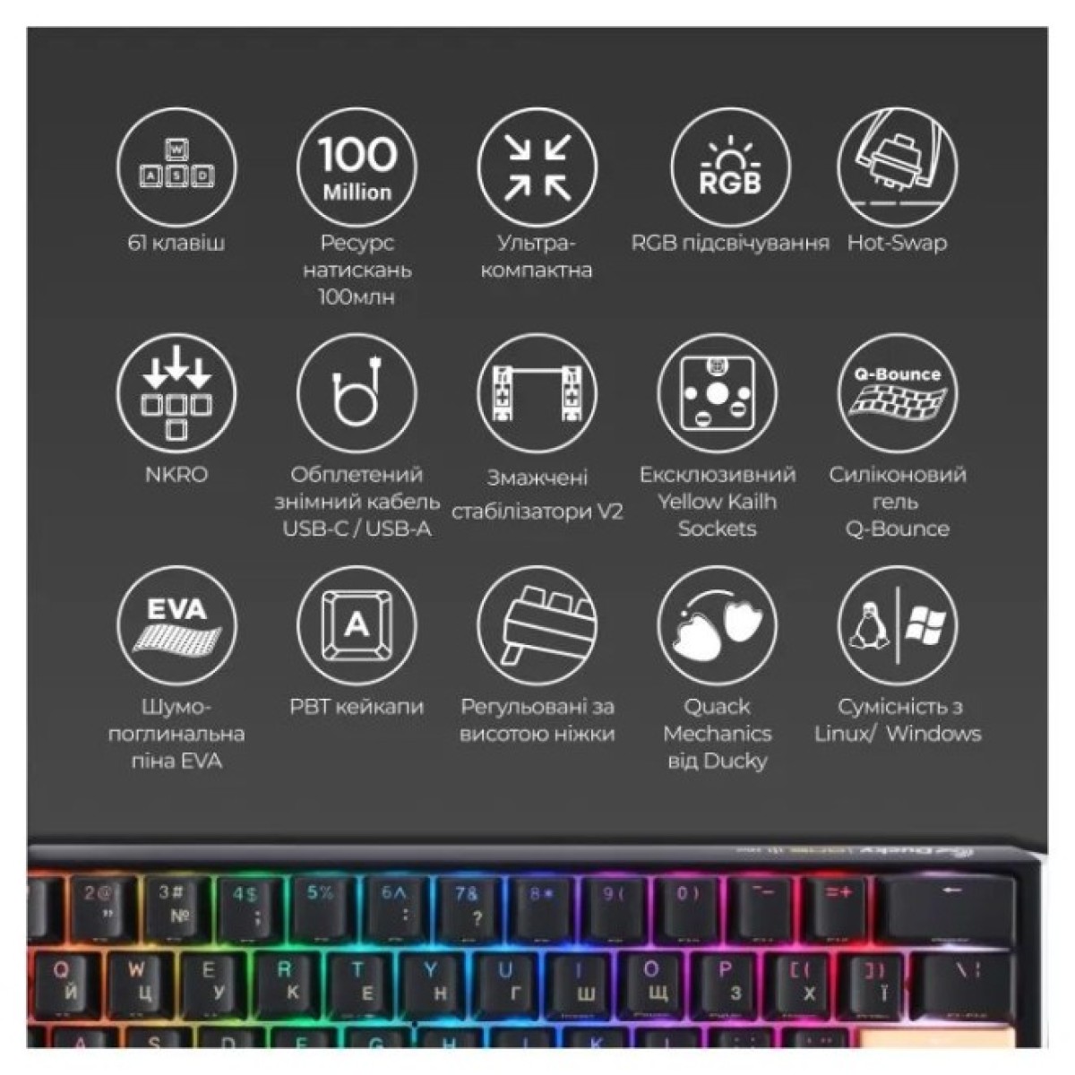 Клавиатура Ducky One 3 Mini Cherry MX Speed Silver RGB UA USB Black (DKON2161ST-PUAPXCLAWSC1) 98_98.jpg - фото 7