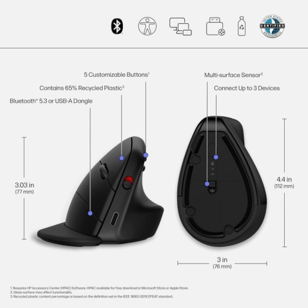 Мышка HP 920 Ergonomic Vertical Wireless/Bluetooth Black (6H1A4AA) 98_98.jpg - фото 8