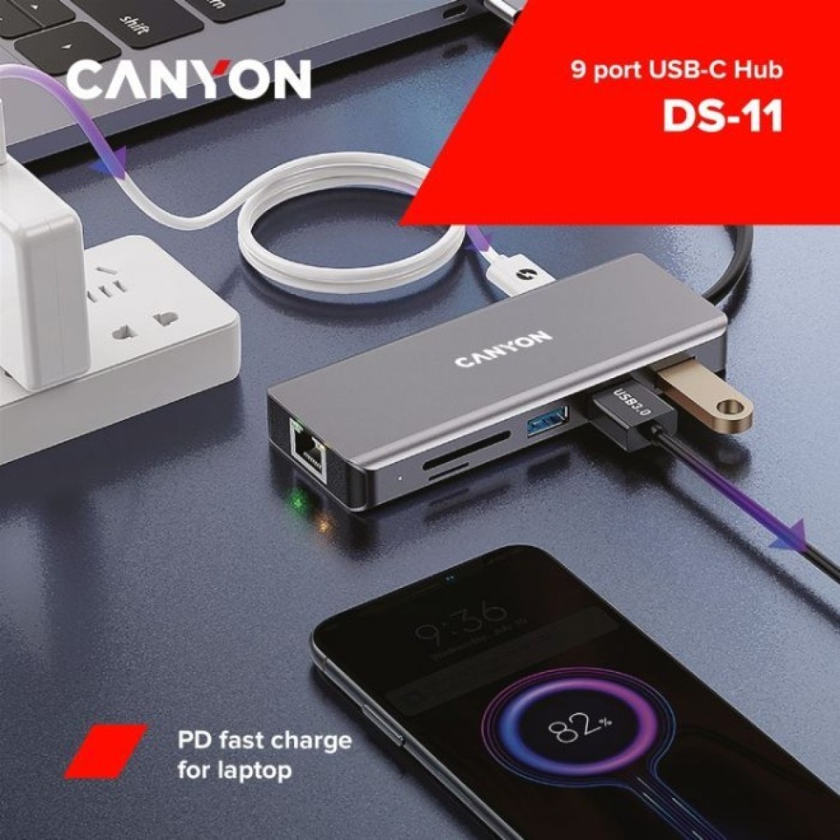 Док станция Canyon DS-11, 9 in 1 USB-C hub, HDMI, Gigabit Ethernet, Type-C PD/100W (CNS-TDS11) 98_98.jpg - фото 2