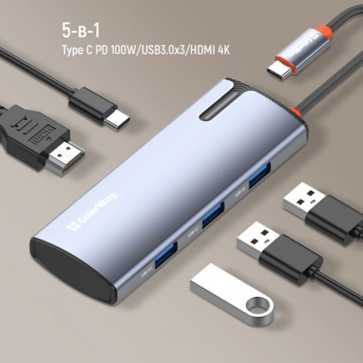 Док станція ColorWay Docking Station USB-C 5-в-1 Type C PD 100W/USB3.0х3/HDMI 4К (CW-HUB01) 98_98.jpg - фото 5