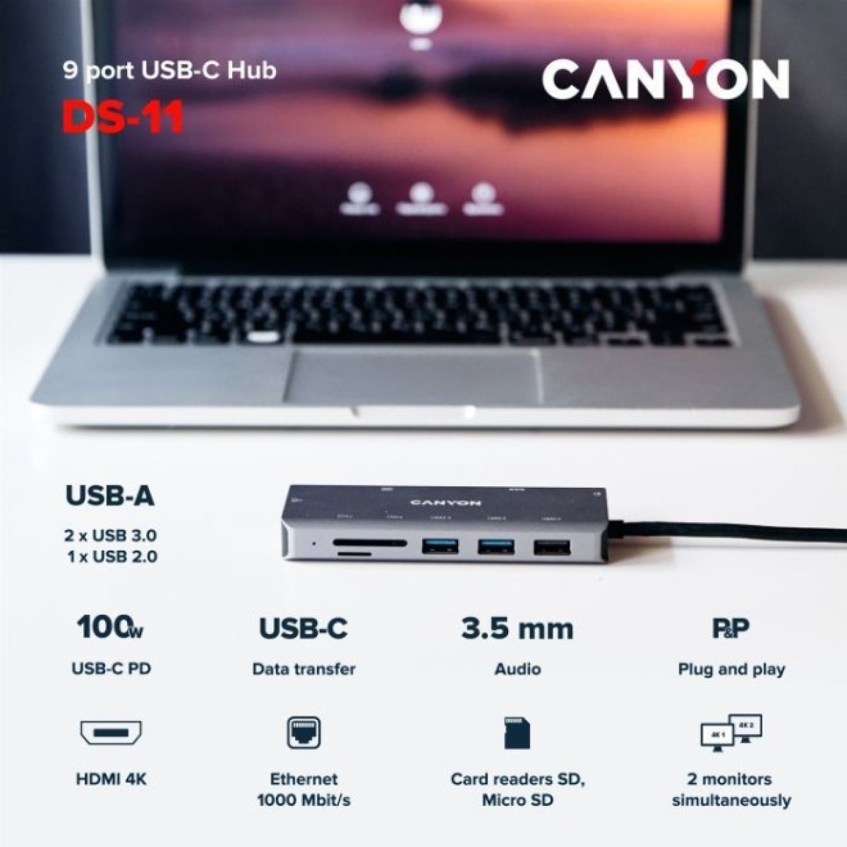 Док станция Canyon DS-11, 9 in 1 USB-C hub, HDMI, Gigabit Ethernet, Type-C PD/100W (CNS-TDS11) 98_98.jpg - фото 6