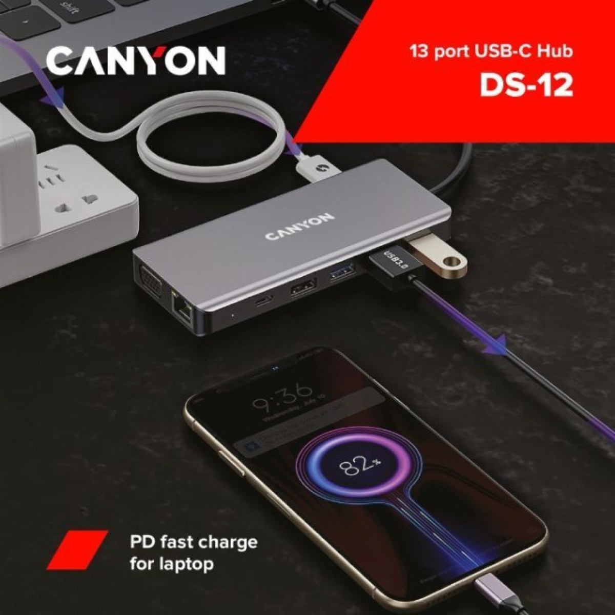 Док станция Canyon DS-12, 13 in 1 USB-C hub, 2*HDMI, Gigabit Ethernet, VGA, 3*USB3.0, PD/100W, 3.5mm audio jack (CNS-TDS12) 98_98.jpg - фото 4