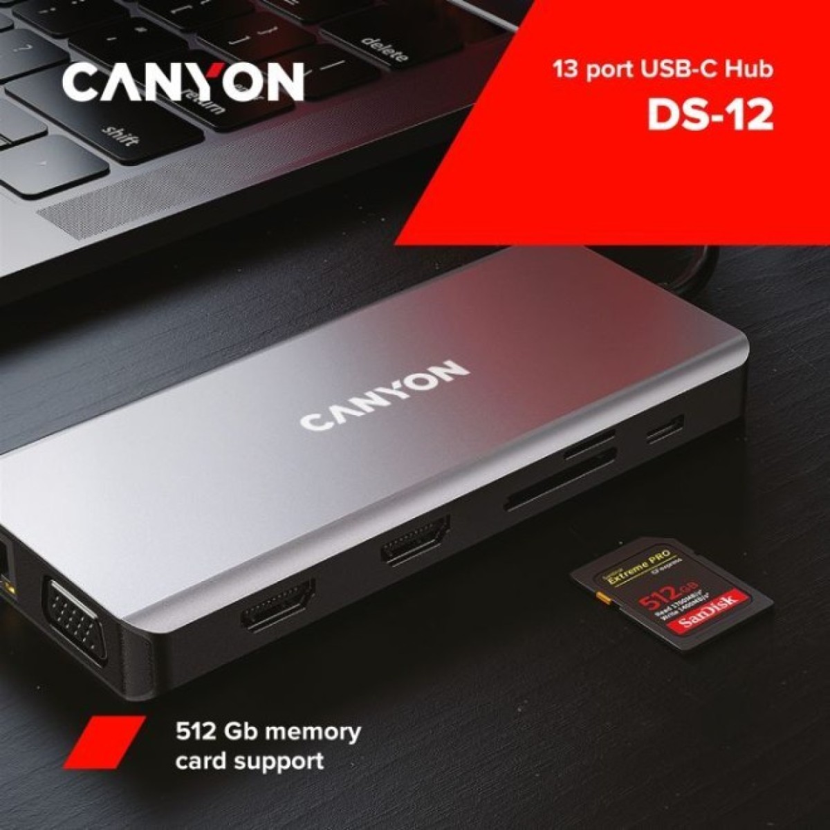 Док станция Canyon DS-12, 13 in 1 USB-C hub, 2*HDMI, Gigabit Ethernet, VGA, 3*USB3.0, PD/100W, 3.5mm audio jack (CNS-TDS12) 98_98.jpg - фото 5