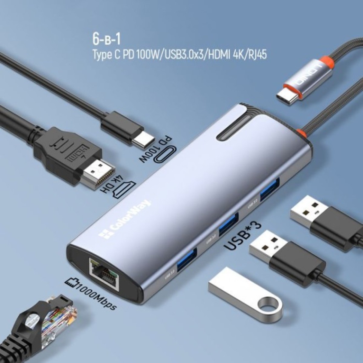 Док станция ColorWay Docking Station USB-C 6-в-1 Type C PD 100W/USB3.0х3/HDMI 4К/RJ45 (CW-HUB02) 98_98.jpg - фото 7