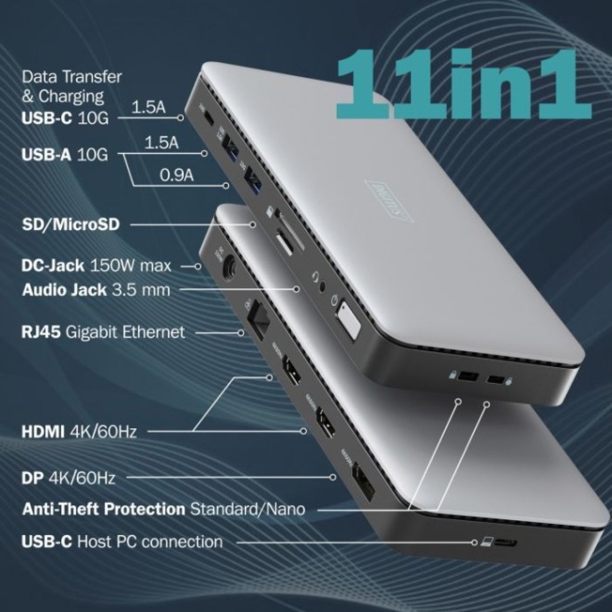 Док станція Digitus USB-C > 2xHDMI/DP/2xUSB-A/USB-C/SD/MicroSD/RJ54/DC/Audio (DA-70917) 98_98.jpg - фото 8