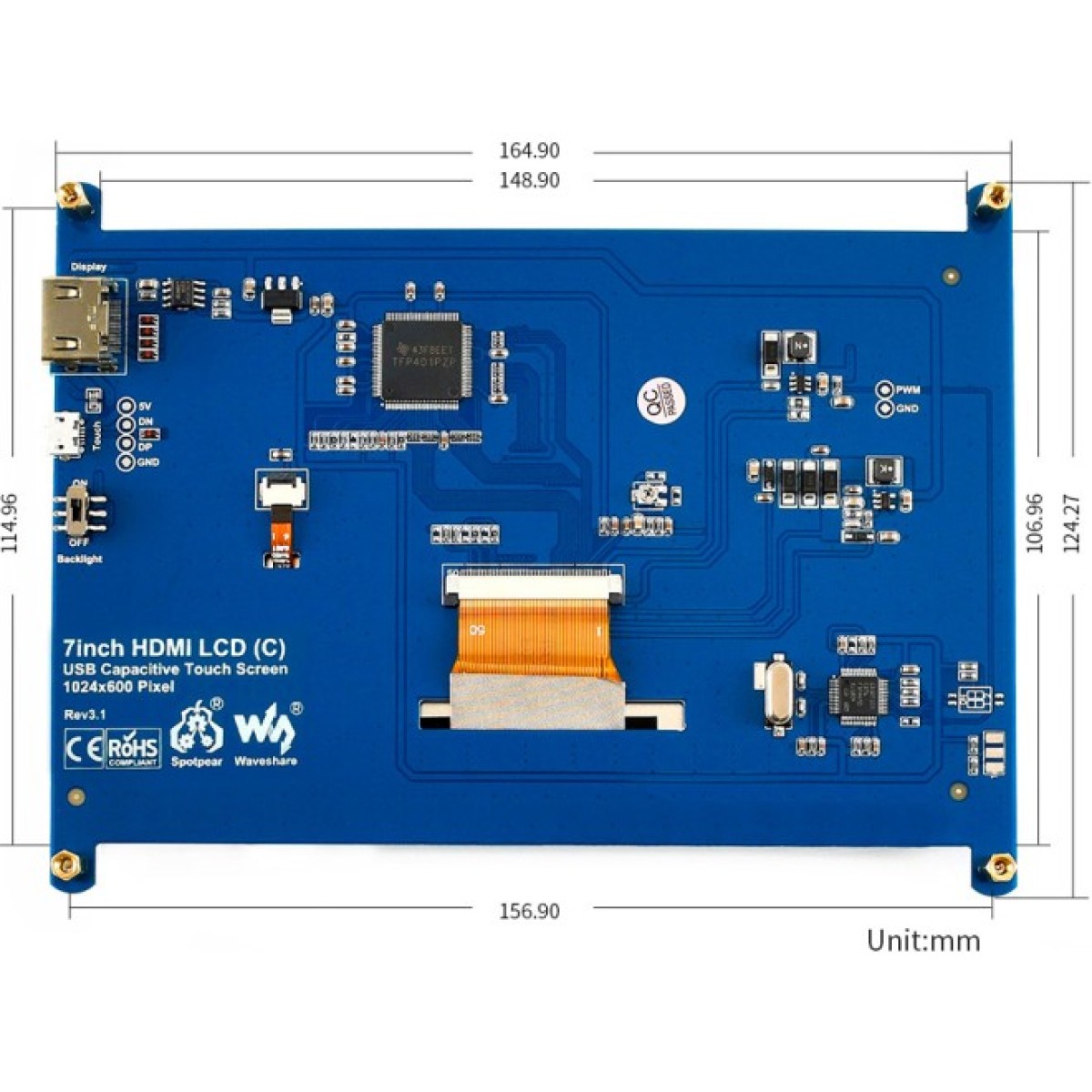 Экран Waveshare 7" 1024x600 LCD IPS емкостный TS HDMI для Raspberry Pi (WAV-11199) 98_98.jpg - фото 10