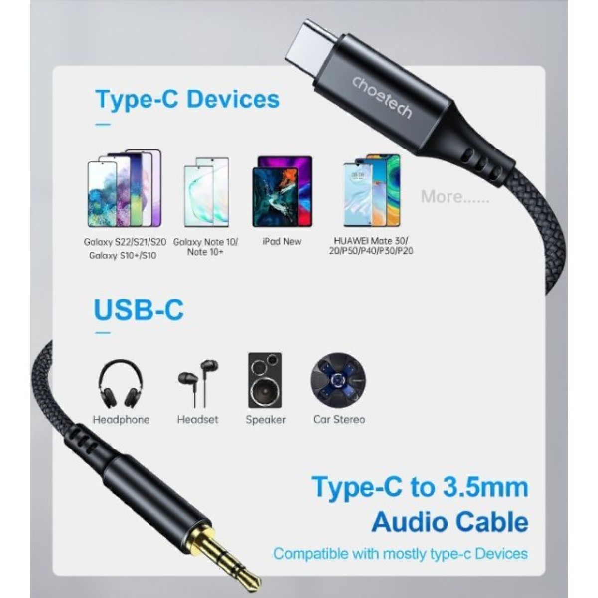 Переходник USB-C to jack 3.5mm stereo audio (CDLA) 2.0m Choetech (AUX008-BK) 98_98.jpg - фото 4