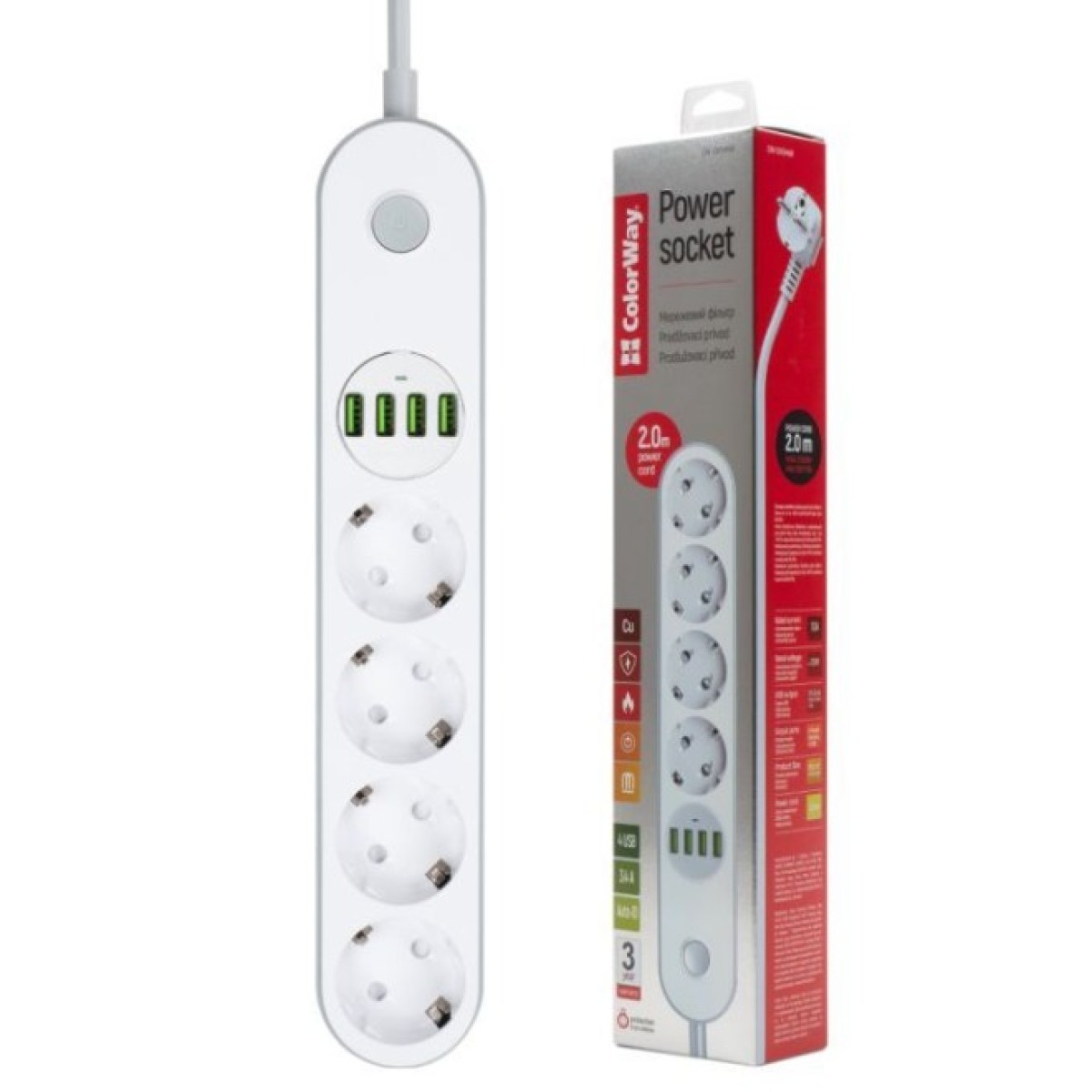 Мережевий фільтр живлення ColorWay CW-CHE44W, 4 розетки/4USB White 2M (CW-CHE44W) 98_98.jpg - фото 4