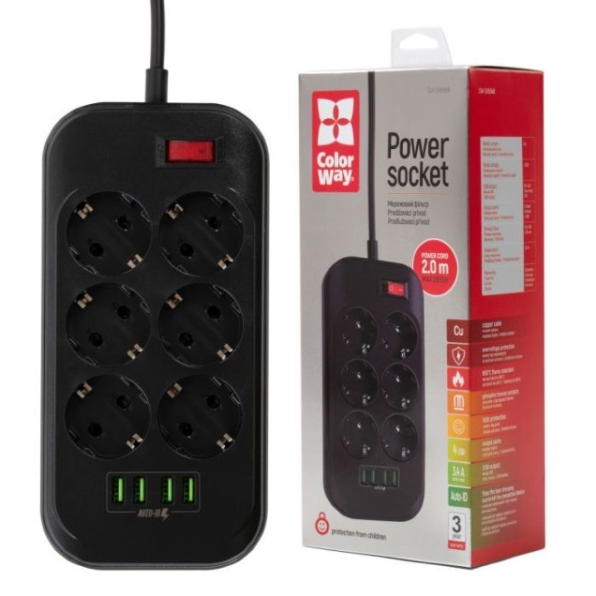 Мережевий фільтр живлення ColorWay CW-CHE64B, 6 розеток/4USB Black (CW-CHE64B) 98_98.jpg - фото 7