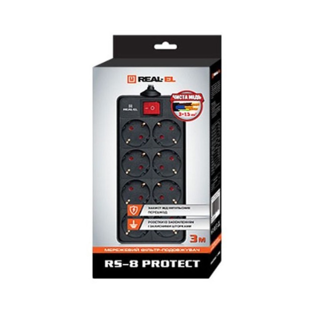 Мережевий фільтр живлення REAL-EL REAL-EL RS-8 PROTECT, 1.8m, black (EL122300021) 98_98.jpg - фото 2
