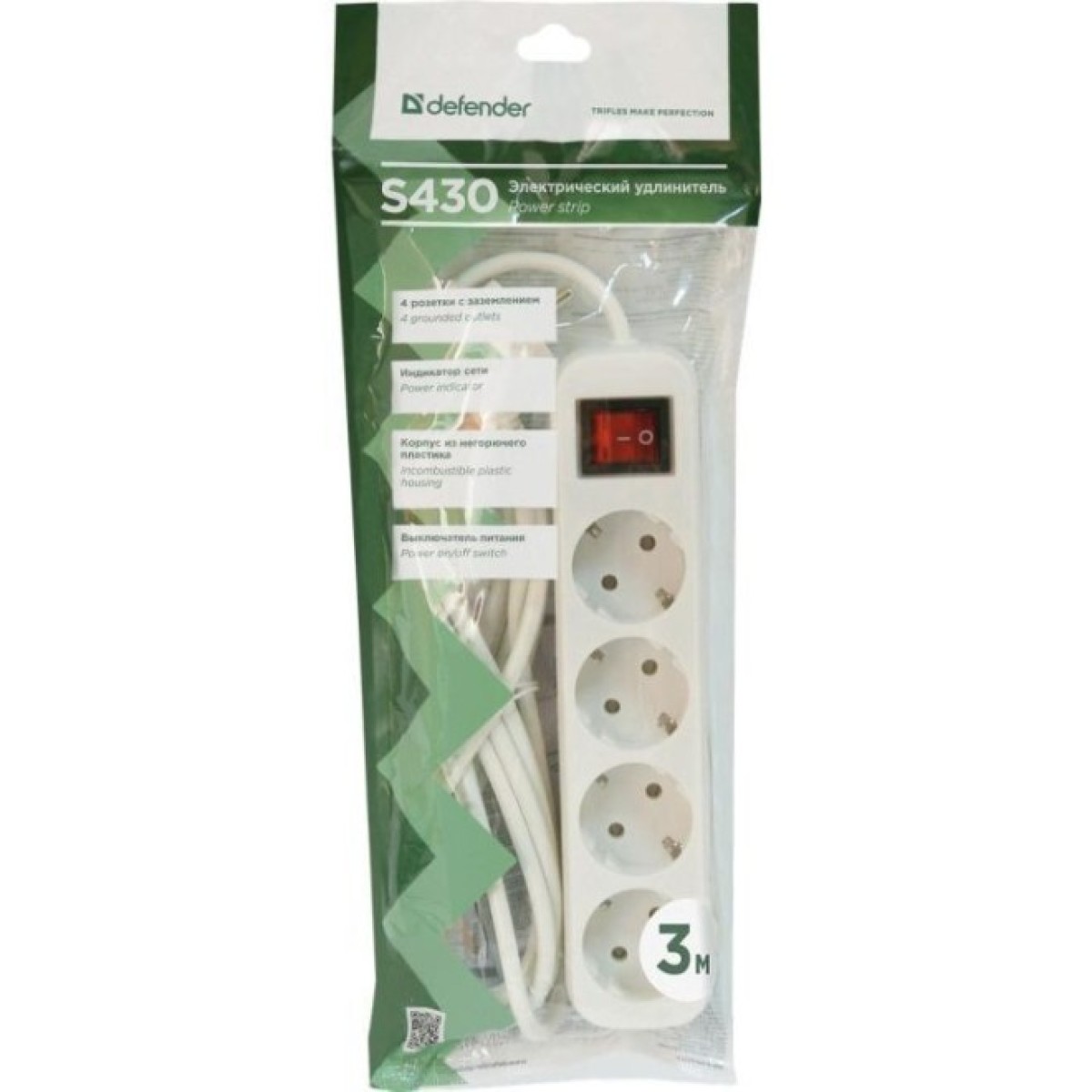 Мережевий подовжувач Defender S430 3.0 m 4 роз switch white (99238) 98_98.jpg - фото 2