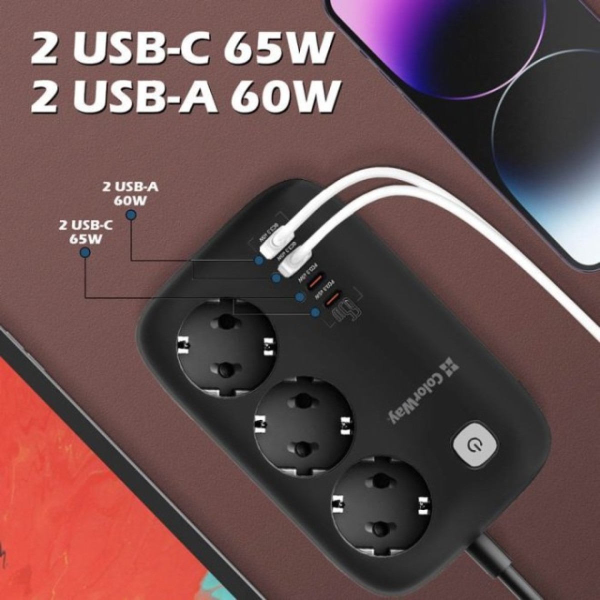 Мережевий фільтр живлення ColorWay CW-CHE34PDB 3 роз/4USB GaN3 Pro (CW-CHE34PDB) 98_98.jpg - фото 8