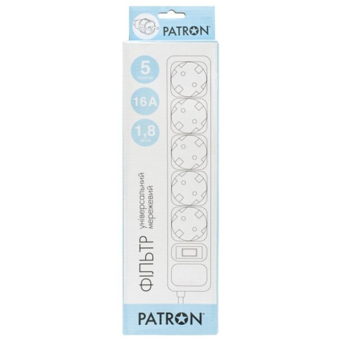 Мережевий фільтр живлення Patron 1.8 m3*1.5mm2 (SP-1652) 5 розеток BLACK (EXT-PN-SP-1652) 98_98.jpg - фото 2