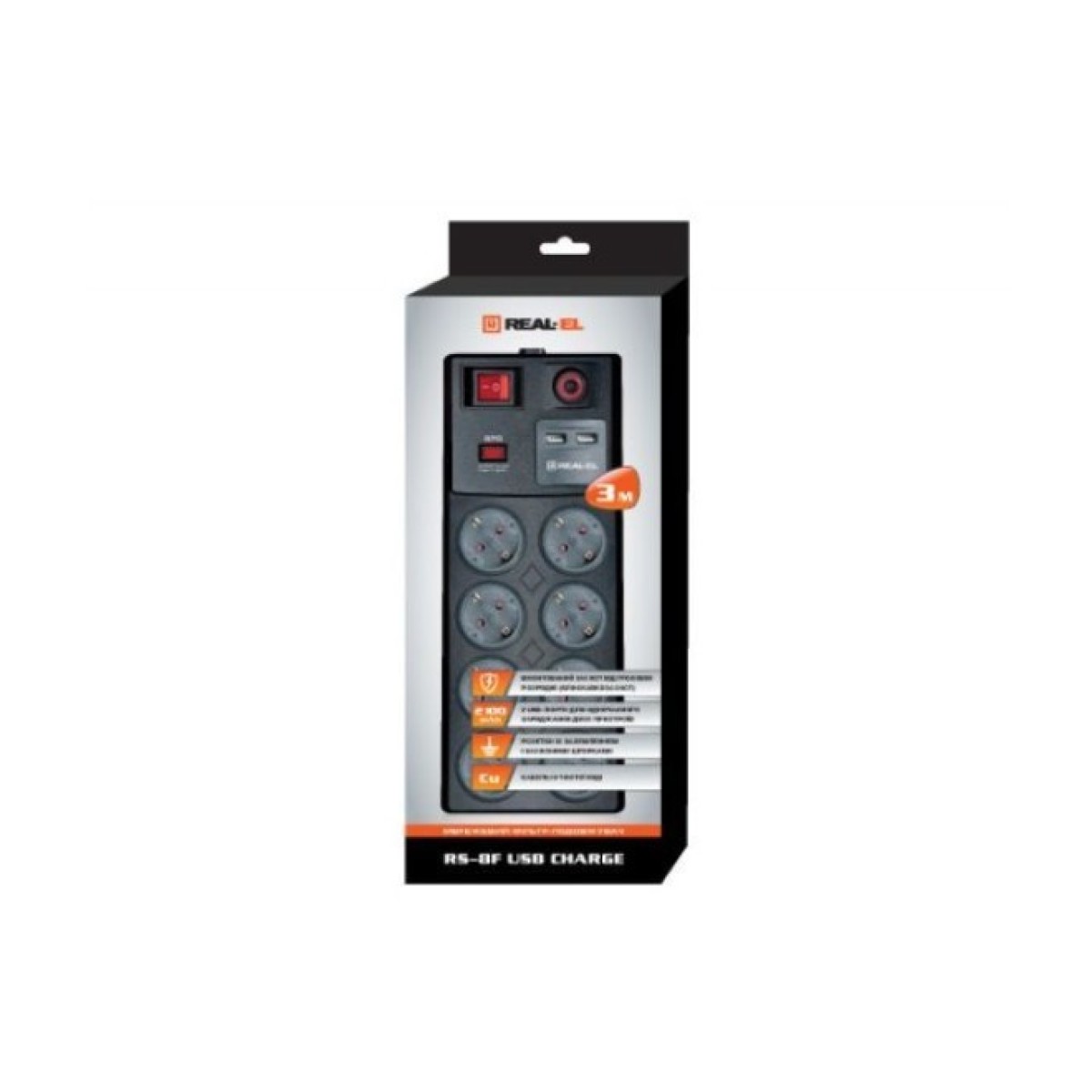 Мережевий фільтр живлення REAL-EL RS-8F USB CHARGE 3m, black (EL122300004) 98_98.jpg - фото 2