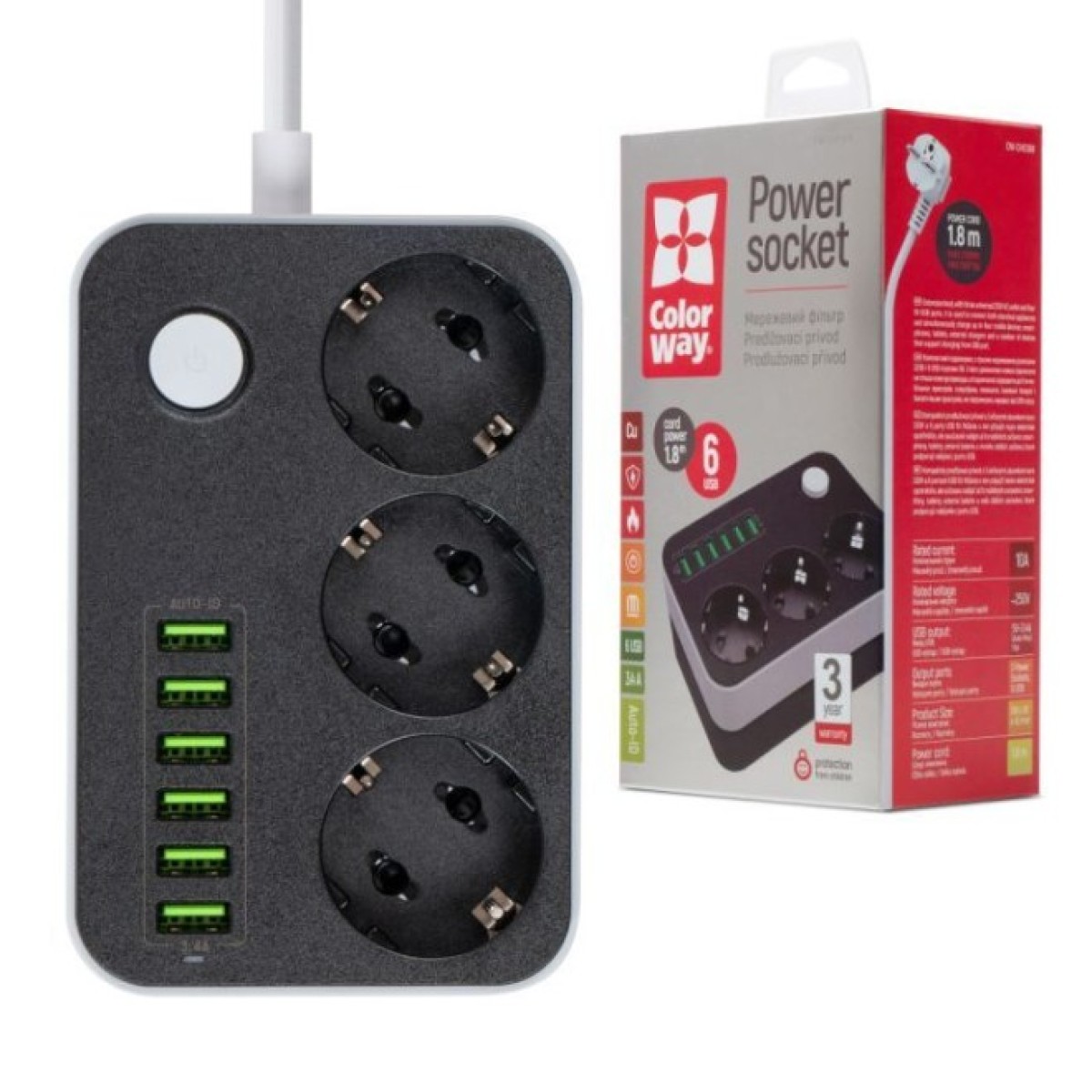 Мережевий фільтр живлення ColorWay CW-CHЕ36B, 3 розетки/6USB Black 1.8M (CW-CHE36B) 98_98.jpg - фото 7