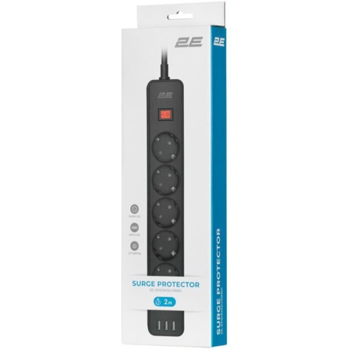 Мережевий фільтр живлення 2E 5XSchuko, 3G*1.5мм, 3*USB-A, 2м, black (2E-SP515M2USBBK) 98_98.jpg - фото 4