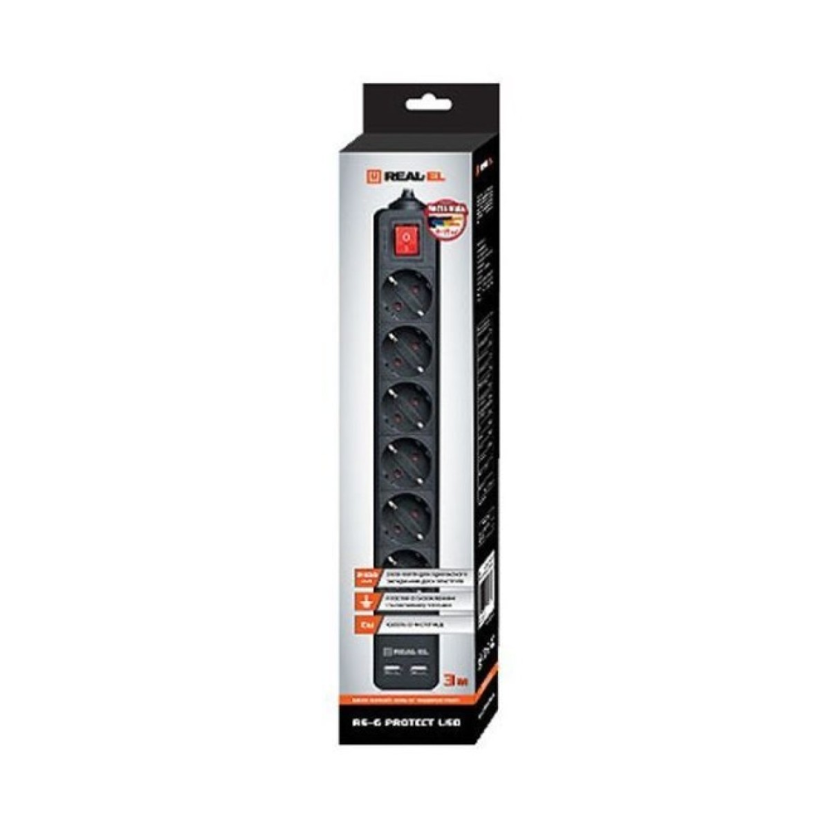 Мережевий фільтр живлення REAL-EL REAL-EL RS-6 PROTECT USB, 3m, black (EL122300017) 98_98.jpg - фото 2