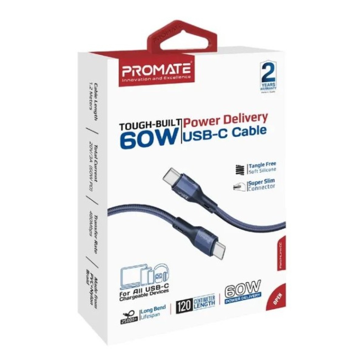 Дата кабель USB-C to USB-C 1.2m 60W PD FletchLink-CC blue Promate (fletchlink-cc.blue) 98_98.jpg - фото 3