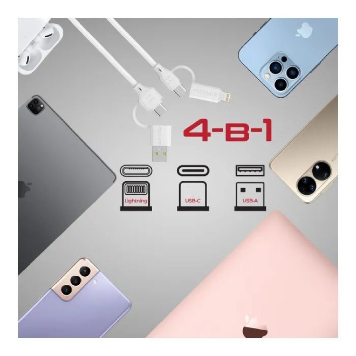 Дата кабель USB-C + USB 2.0 AM to USB-C + Lightning 1.2m 60W quadcord-pd60 white Promate (quadcord-pd60.white) 98_98.jpg - фото 2