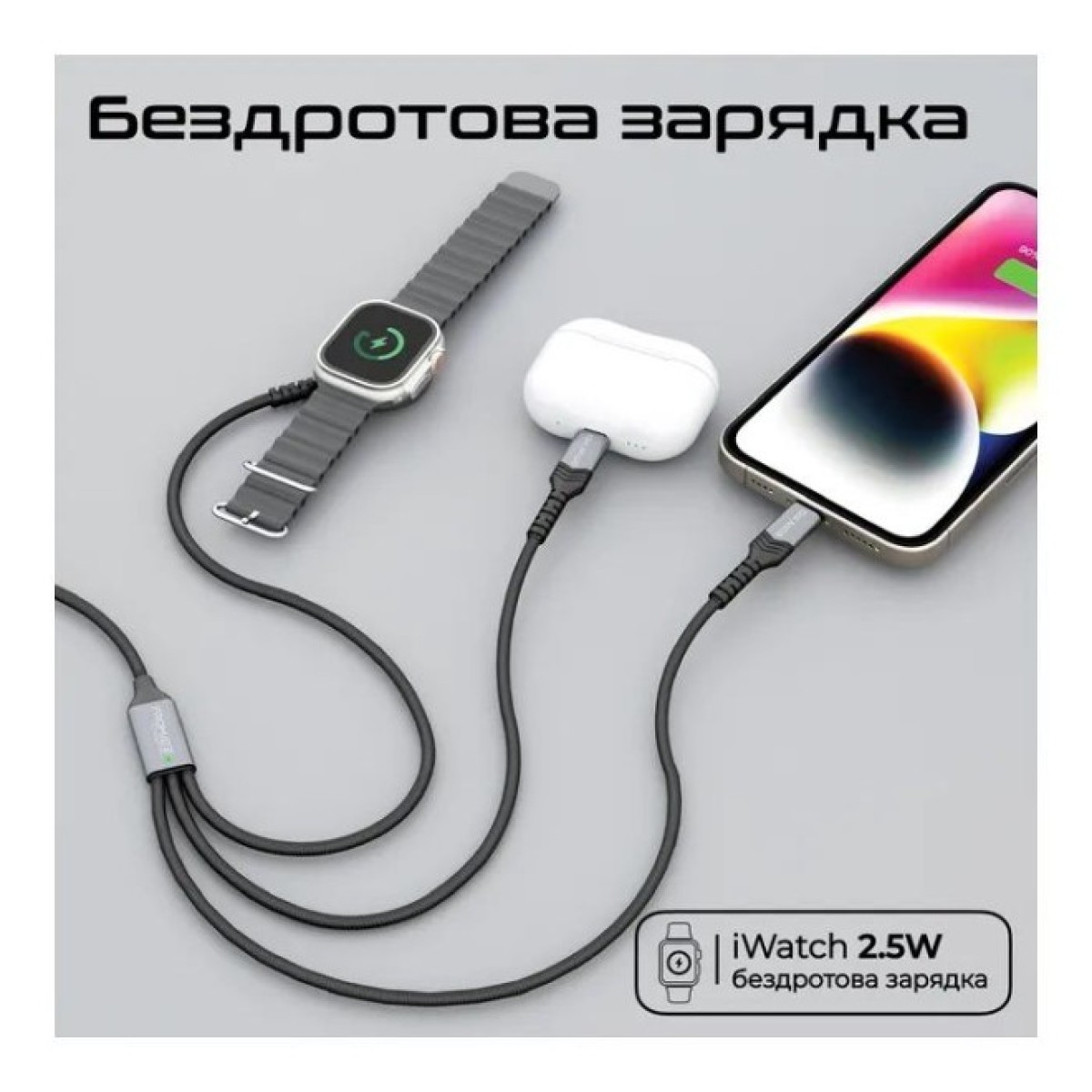 Дата кабель USB-C to Lightning 27W + USB-C 60W + Apple Watch 2.5W 1.5m icharge trio black Promate (icharge-trio.black) 98_98.jpg - фото 2