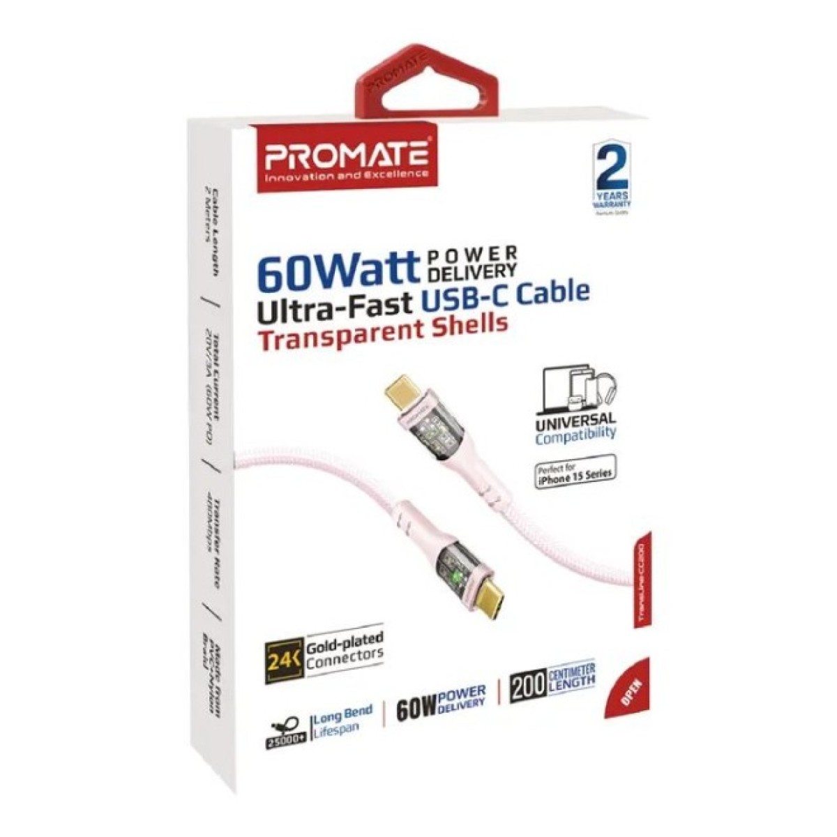 Дата кабель USB-C to USB-C 1.2m 60W PD TransLine-CC pink Promate (transline-cc.pink) 98_98.jpg - фото 2