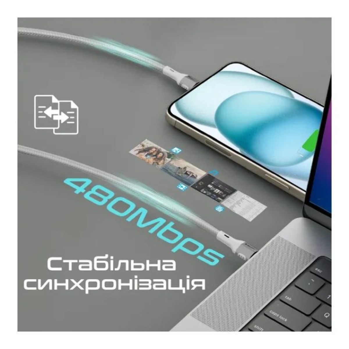 Дата кабель USB-C to USB-C 1.2m 60W PD FletchLink-CC grey Promate (fletchlink-cc.grey) 98_98.jpg - фото 2