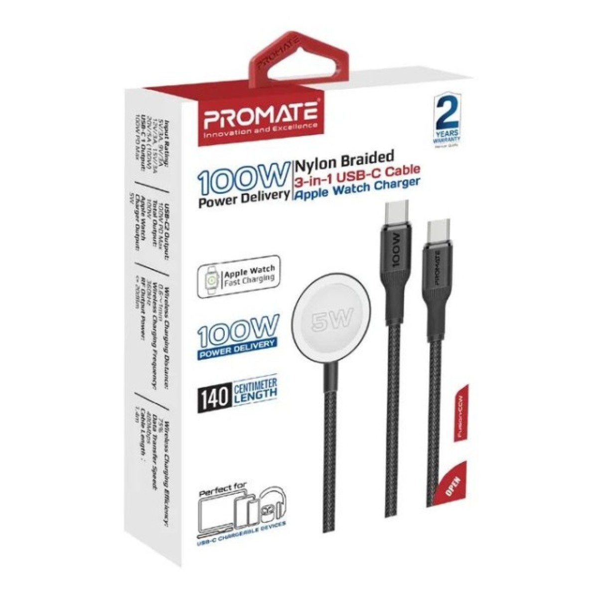Дата кабель USB-C to 2xUSB-C 100W + Apple Watch 5W 1.4m FUSION-CCW black Promate (fusion-ccw.black) 98_98.jpg - фото 3