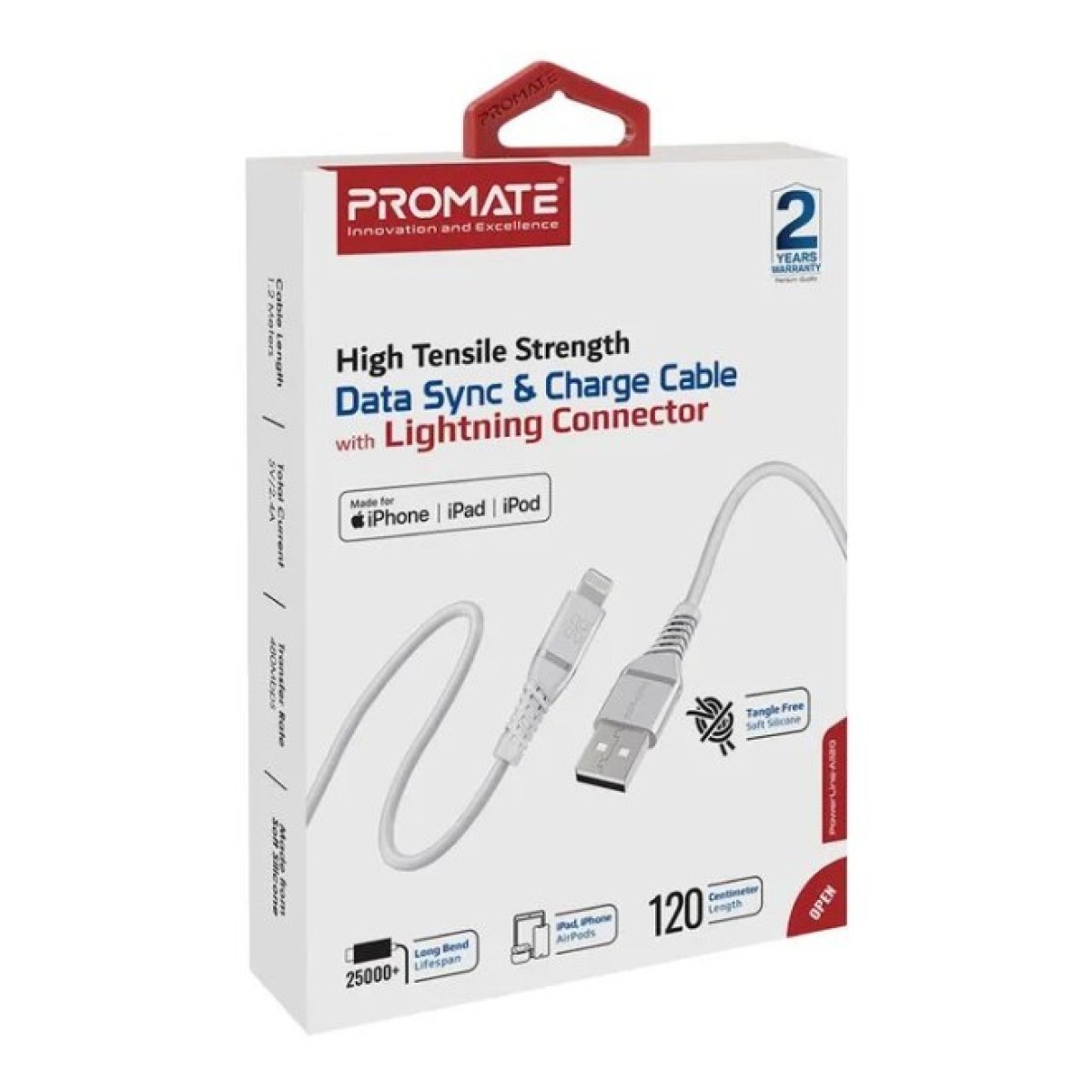 Дата кабель USB 2.0 AM to Lightning 1.2m 2.4A MFi PowerLine-Ai120 white Promate (powerline-ai120.white) 98_98.jpg - фото 6