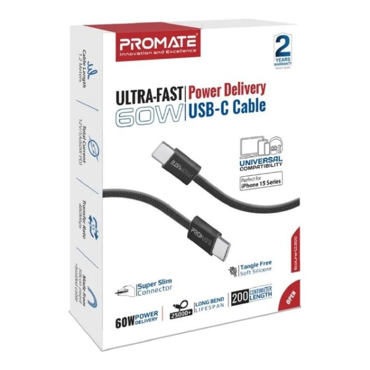 Дата кабель USB-C to USB-C 2.0m 60W PD EcoLine-CC200 black Promate (ecoline-cc200.black) 98_98.jpg - фото 7
