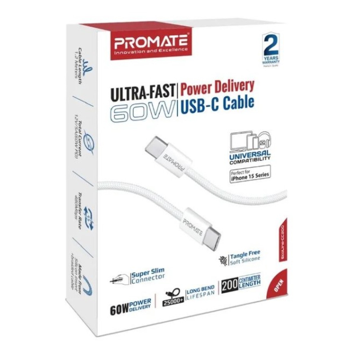 Дата кабель USB-C to USB-C 2.0m 60W PD EcoLine-CC200 white Promate (ecoline-cc200.white) 98_98.jpg - фото 7