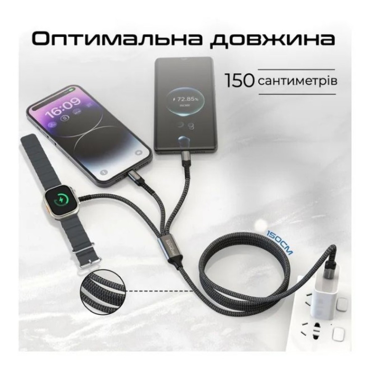 Дата кабель USB-C to Lightning 27W + USB-C 60W + Apple Watch 2.5W 1.5m icharge trio black Promate (icharge-trio.black) 98_98.jpg - фото 4