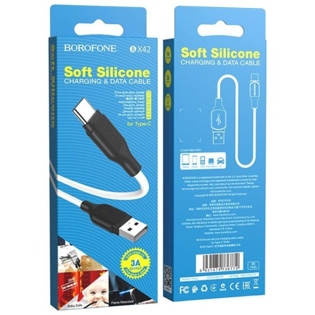 Дата кабель USB 2.0 AM to USB-C 1.0m 3A silicone BX42 white BOROFONE (6931474736772) 98_98.jpg - фото 4