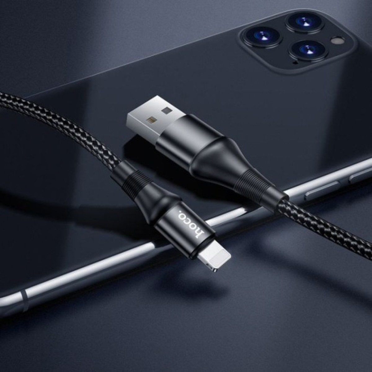 Дата кабель USB 2.0 AM to Lightning 1.0m 2.4A nylon X50 black HOCO (6931474734198) 98_98.jpg - фото 4