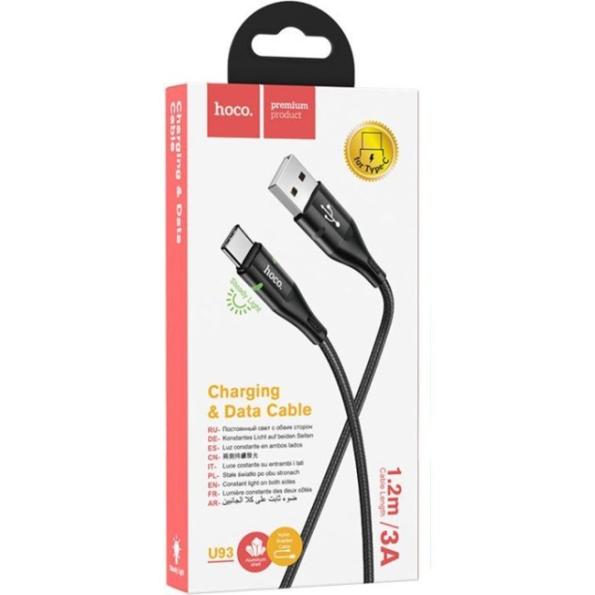 Дата кабель USB 2.0 AM to USB-C 1.2m 3A nylon aluminum with light indicator U93 black HOCO (6931474732170) 98_98.jpg - фото 5
