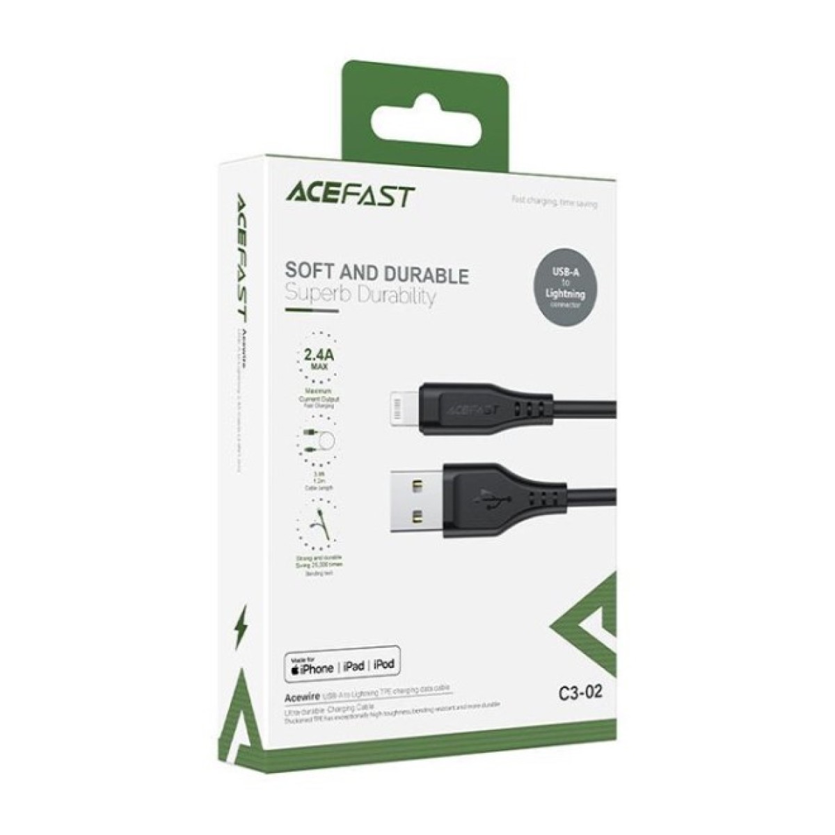 Дата кабель USB 2.0 AM to Lightning 1.2m 2.4A TPE C3-02 Black Acefast (6974316280828) 98_98.jpg - фото 2