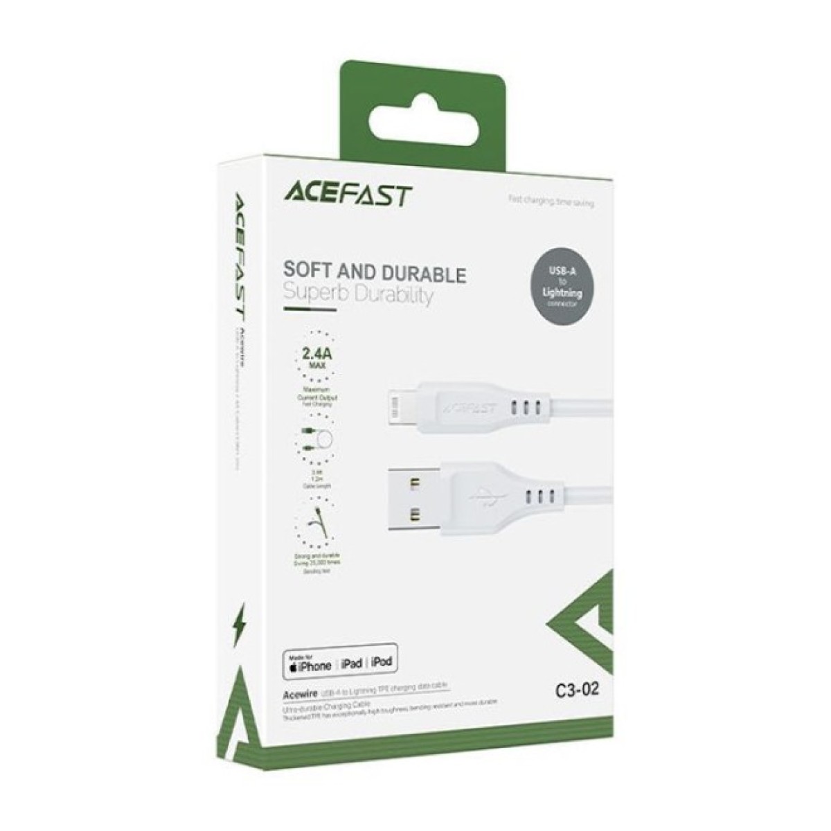 Дата кабель USB 2.0 AM to Lightning 1.2m 2.4A TPE C3-02 White Acefast (6974316280835) 98_98.jpg - фото 2