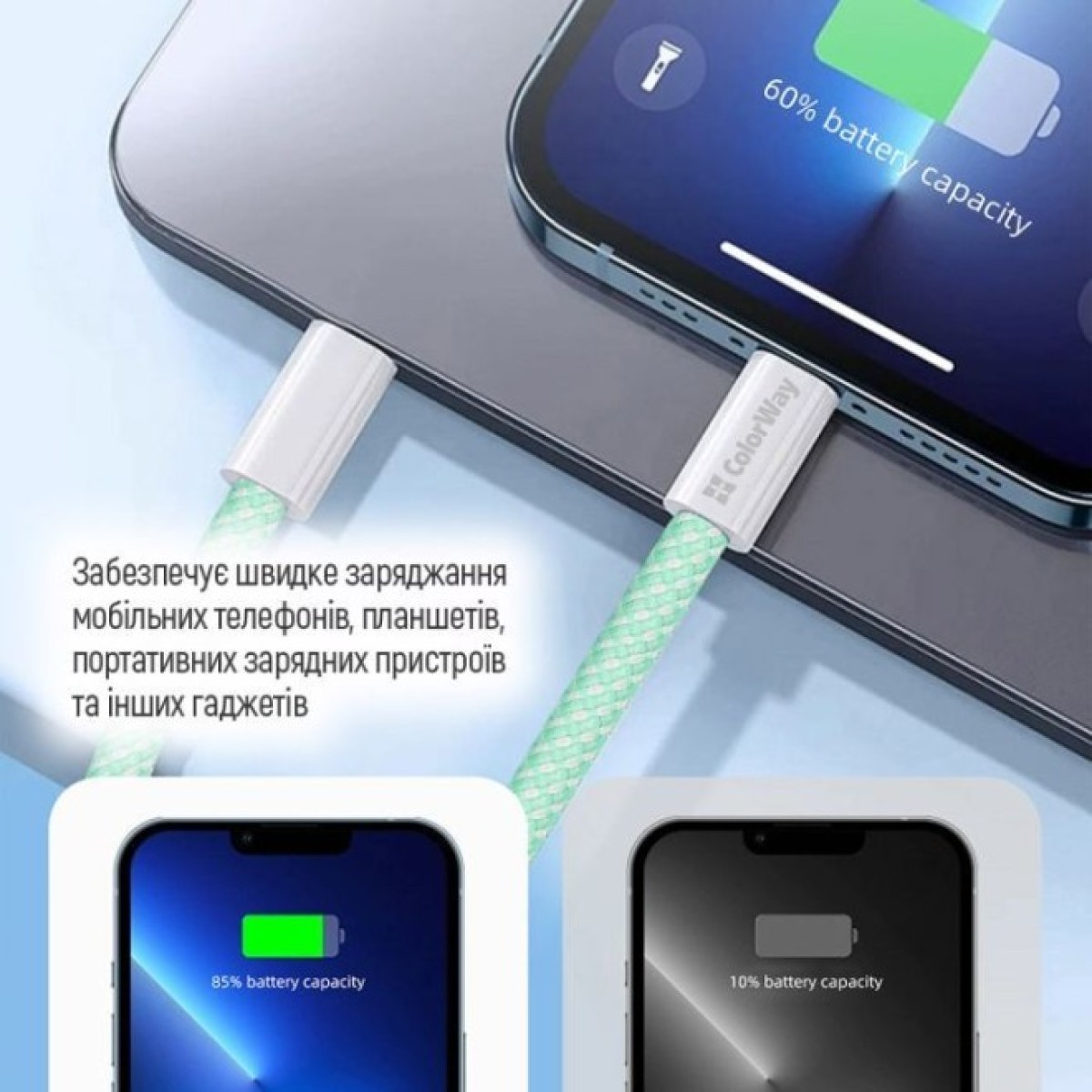 Дата кабель USB-C to USB-C 1.0m 60W 3.0А green ColorWay (CW-CBPDCC061-G) 98_98.jpg - фото 7