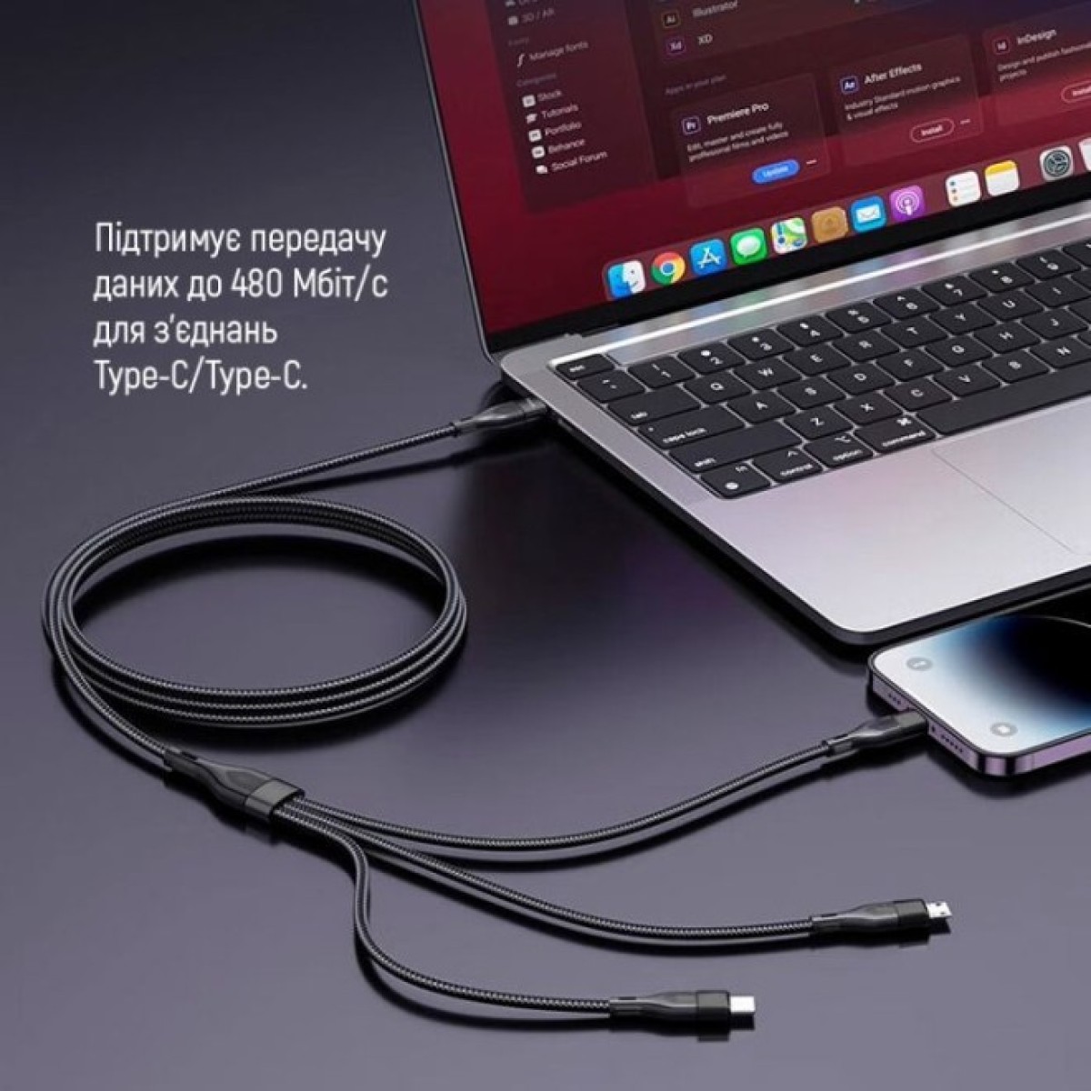Дата кабель USB 2.0 AM to Lightning + Micro 5P + Type-C 1.2m 3.0A (PD60W data) Black ColorWay (CW-CBPDU3060-BK) 98_98.jpg - фото 6